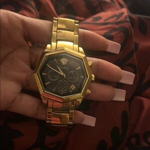 Versace Gold and Black Hexagonal Watch